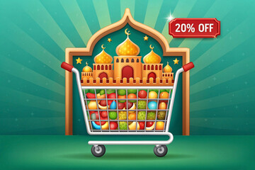 Mosque-shaped shopping cart filled with fruits, 20% off