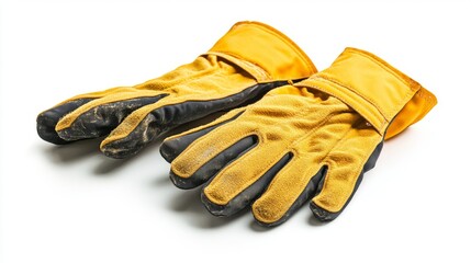 Yellow work gloves laid out on a white background. Ideal for construction tasks and outdoor jobs. Durable and practical safety gear for your protection. Generative AI