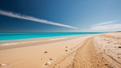 A tranquil beach scene showcasing blue waters and golden sand.