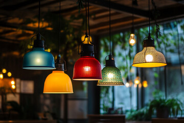 There are two lights hanging from the ceiling in a restaurant