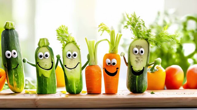 Playful vegetable characters with smiling faces on a wooden board in a sunny kitchen