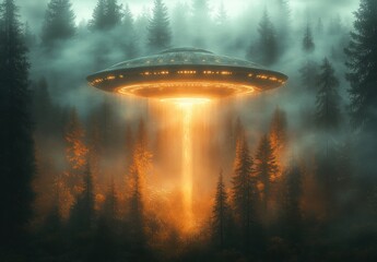 Obraz premium Mysterious UFO Hovering in Forest with Dramatic Lighting and Alien Abduction Theme
