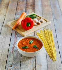 romesco pasta sauce made with bell pepper, garlic, and carrots