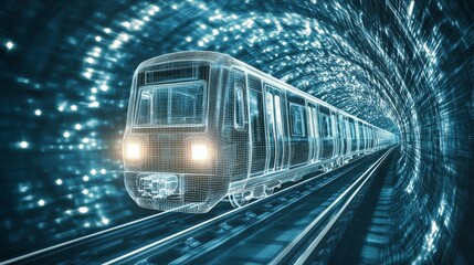 Obraz premium A glowing wireframe train of the future rushes at high velocity through an urban landscape that has been transformed into a surreal digital realm