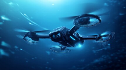 A futuristic drone is shown in a blue background.  It's used for military purposes, surveillance, and video recording.  This technology improves security and uses advanced digital techniques.

