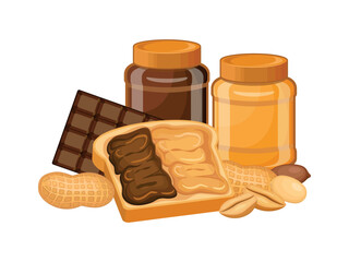 Peanut butter and chocolate vector illustration. Toasted bread with chocolate spread and peanut butter icon set on a white background. Peanut butter jar and buttered bread vector