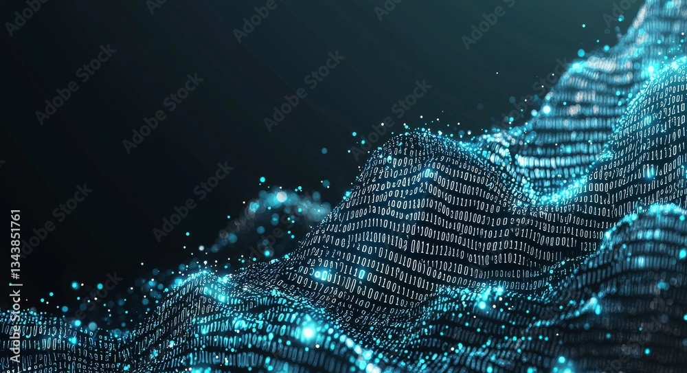 Poster binary stream embodies the concept of digital data flow, set against a tech background with a light 