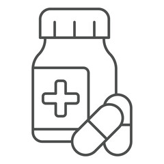 Medicine capsules jar with cross thin line icon, pharmacy medicine concept. Vector graphics. Drug pills bottle sign on white background, outline style icon for mobile or web design.
