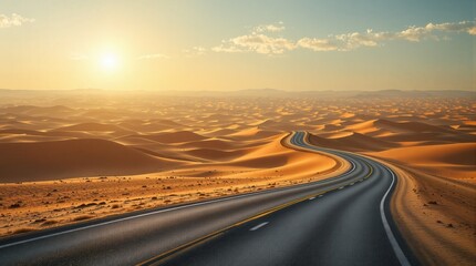 Fototapeta premium Desert Highway Winding Through Sand Dunes at Sunset