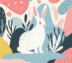 Obraz premium Modern style poster with rabbit , The animal is set against a background of abstract forms and pastel 