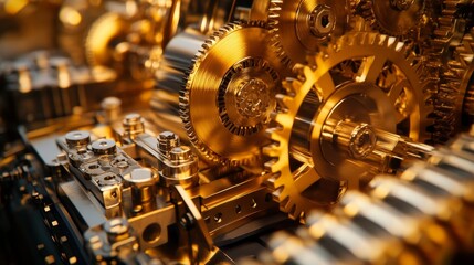 A golden, gear-filled quantum computer is shown.  It uses quantum bits for super-fast parallel calculations, representing quantum computing and cryptography in a steampunk style.
