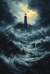 Fototapeta premium Stormy Lighthouse by the Ocean with Crashing Waves and Dark Skies
