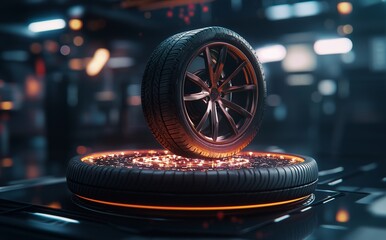 D illustration concept featuring futuristic sports car tyre technology with a wireframe rim intersection