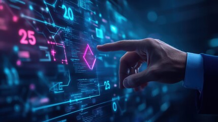 A hand interacts with a futuristic digital interface displaying data streams and network connections