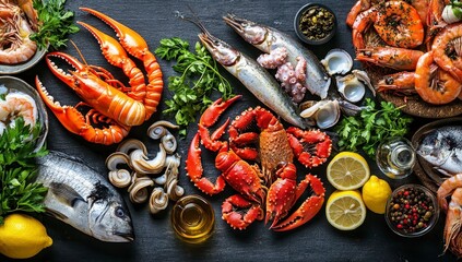 Overhead View of Fresh Seafood Platter on Dark Surface