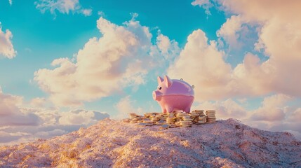 The idea of growing or saving money is conveyed through a business investment and savings growth concept, featuring a coin stack and pink piggy bank set against a blue backdrop