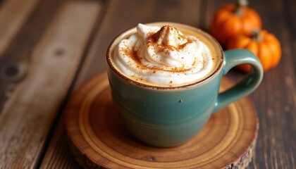 "A pumpkin spice latte with whipped cream and brown sugar, in a ceramic cup, on a wooden board, vibrant colors"