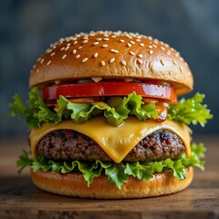 Cheeseburger - A juicy beef patty layered with melted cheese, fresh lettuce, tomato, and pickles, enclosed in a sesame-seed bun.