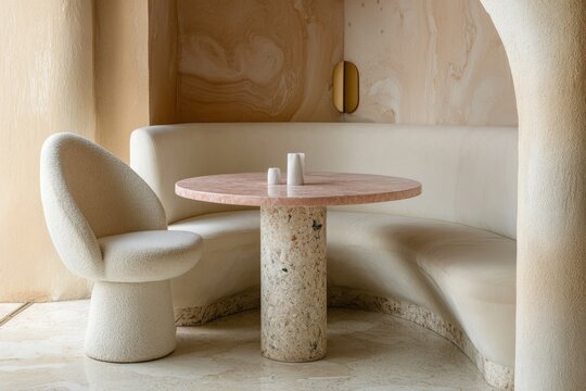 Modern cafe nook with blush pink table and cream booths. Interior design