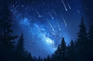 Fototapeta premium Pixel Art Night Sky Milky Way and Shooting Stars Over Dark Forest Silhouette