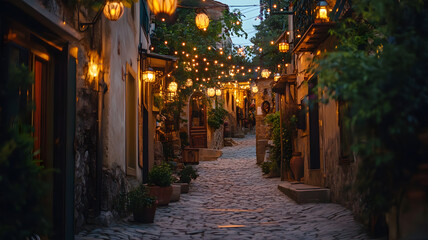 Obraz premium Charming Cobbled Street with Hanging Lanterns and Cozy Atmosphere at Dusk