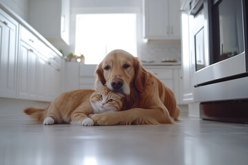 Adorable Golden Retriever Snuggling with a Ginger Cat on Kitchen Floor Harmony and Affection