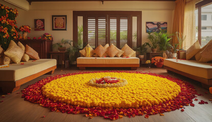 Diwali Living Room Décor with Marigold & Tension Flower Garlands – Festive Indian Home Ambiance for Makar Sankranti with Rose Petals, Warm Lighting & Traditional Decorations