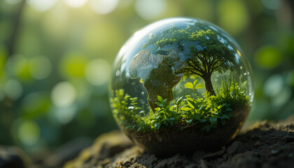 Close-up of a glass globe reflecting lush greenery, representing nature conservation, eco-friendly initiatives, and the importance of protecting our planet for a sustainable future