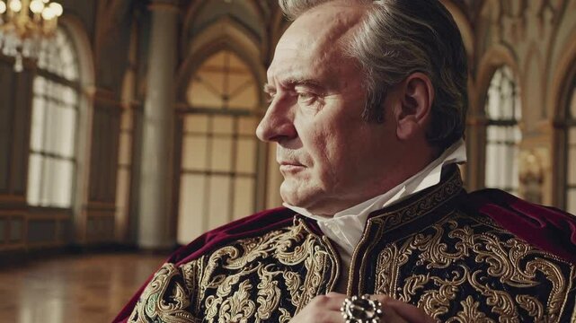 A Distinguished Middle-Aged Male in Baroque Attire, Standing Regal in an Opulent Historical Interior with Ornate Architectural Features
