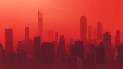 Obraz premium A Hong Kong city skyline poster. It's red, with a hazy, reddish background showing the buildings. 