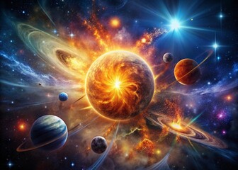 Obraz premium Cosmic Dance: Planets Orbiting a Blazing Star - Double Exposure Stock Photo