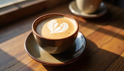 "A chai latte with cardamom and cinnamon, in a ceramic cup, on a rustic table, natural lighting"