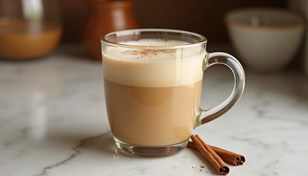 "A chai latte with cardamom and cinnamon, in a glass mug, on a marble countertop, soft lighting"