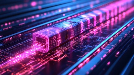 Fototapeta premium Data stream flowing on circuit board, futuristic tech