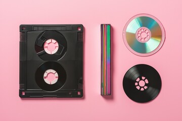Obraz premium VHS, audio cassette, compact disk, and floppy disk make up the background