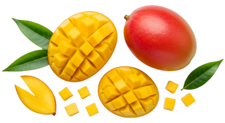 Ripe Mangoes Flat Lay:  Sunset Orange and Deep Red Fruit with Green Leaves on Transparent Background