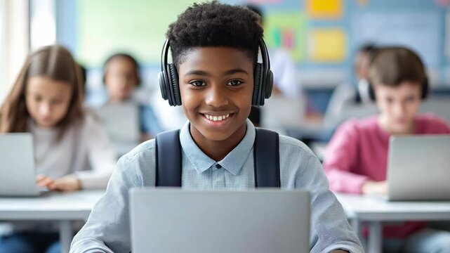 A group of secondary school students using laptops and headphones to actively participate in an educational activity in a classroom setting