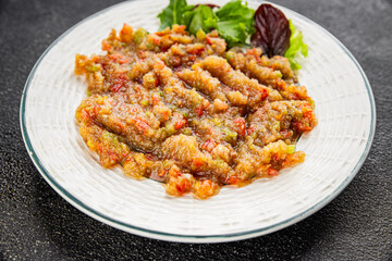  salad Baba ganoush eggplant, tomato, onion vegetables dish fresh delicious gourmet food background on table rustic food top view copy space keto and paleo diet vegetarian and vegan food