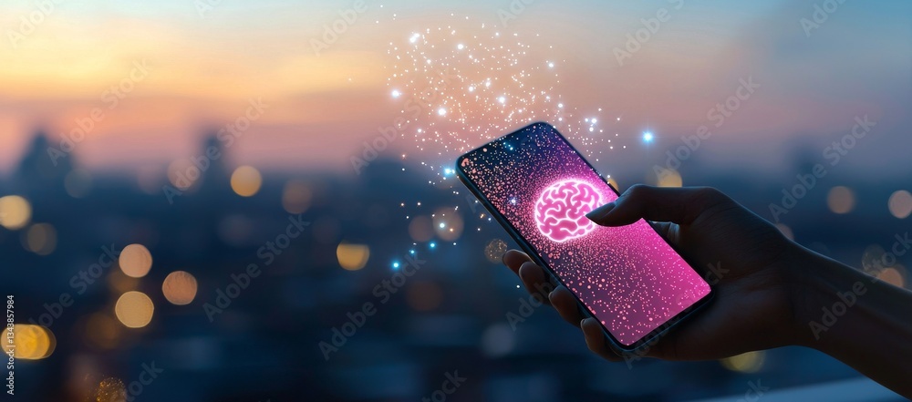 Wall mural a person is depicted using a smartphone in a futuristic technological setting