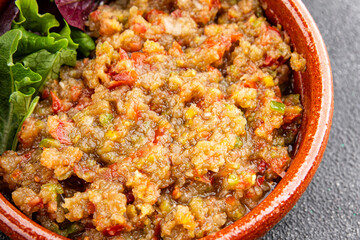  salad Baba ganoush eggplant, tomato, onion vegetables dish fresh delicious gourmet food background on table rustic food top view copy space keto and paleo diet vegetarian and vegan food