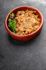  salad Baba ganoush eggplant, tomato, onion vegetables dish fresh delicious gourmet food background on table rustic food top view copy space keto and paleo diet vegetarian and vegan food