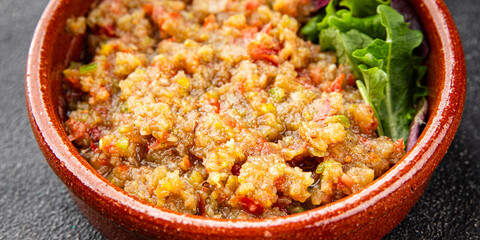  salad Baba ganoush eggplant, tomato, onion vegetables dish fresh delicious gourmet food background on table rustic food top view copy space keto and paleo diet vegetarian and vegan food