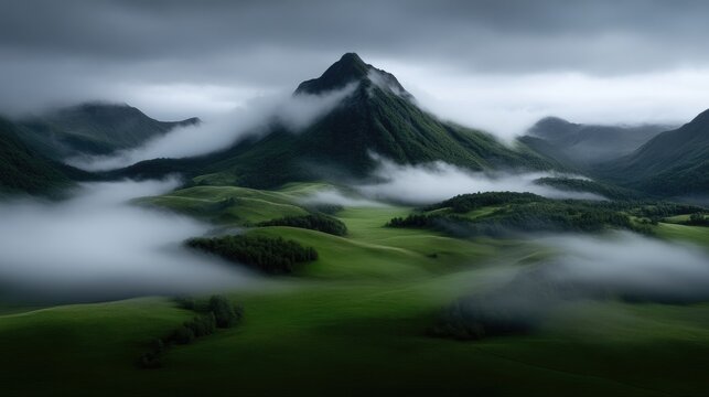 Misty mountain peaks shrouded in clouds, rolling green hills