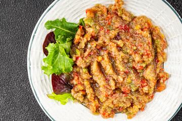  salad Baba ganoush eggplant, tomato, onion vegetables dish fresh delicious gourmet food background on table rustic food top view copy space keto and paleo diet vegetarian and vegan food