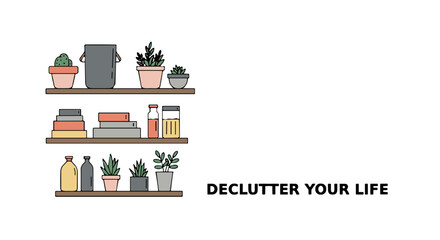 Fototapeta premium Colorful illustration of shelves with plants, books, and jars, featuring the motivating message 