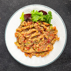  salad Baba ganoush eggplant, tomato, onion vegetables dish fresh delicious gourmet food background on table rustic food top view copy space keto and paleo diet vegetarian and vegan food