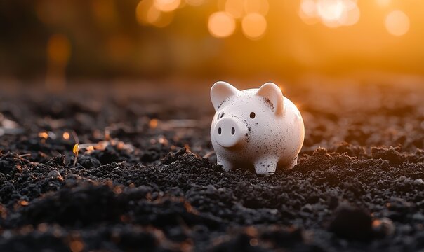Agriculturists save money using a piggy bank, embodying the idea of accumulating wealth and making smart financial investments on a sunny day