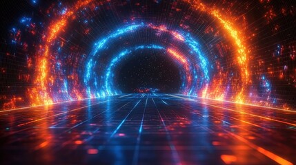 Obraz premium A tunnel with a blue and red light on the wall