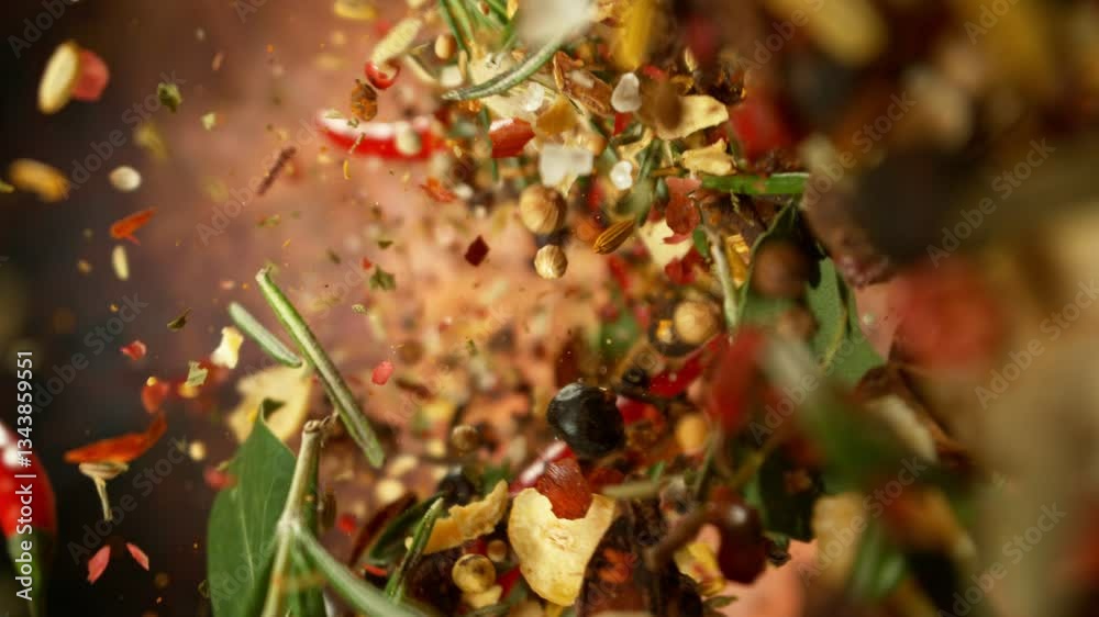 Poster super slow motion of rotating spices mix on black background. ultimate realistic twister motion, stu