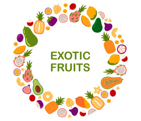 Fruit circle frame with text exotic fruit. Pitahaya, pineapple, mango, lychee, pitahaya, passion fruit, carambola, mangosteen. Flat Vector illustration on white background
